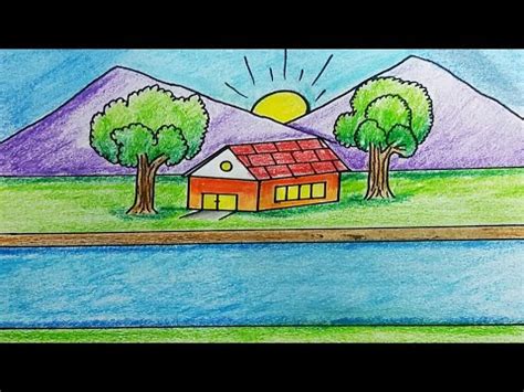 Landscape drawing for kids easy| Simple river side house and nature drawing and colouring