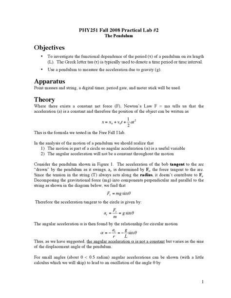 Practical Lab #2 - Pendulum - Introduction to Physics Lab I | PHY 251 - Docsity