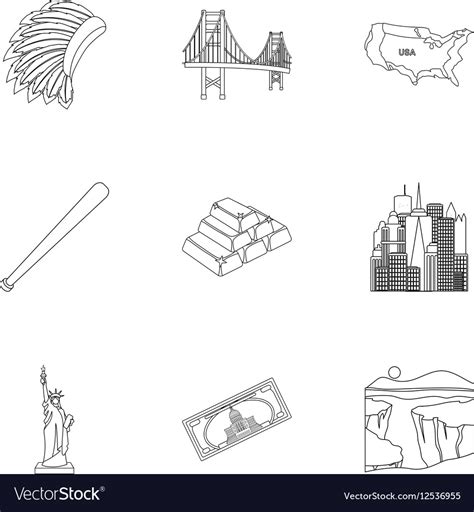 USA country set icons in outline style Big Vector Image