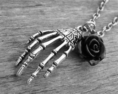 Silver Skeleton Hand and Black Rose Necklace Gothic Goth Horror Punk ...