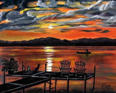 Summer Lake Sunset Boat Dock Adirondack Chairs Dog Silhouette Folk Art ...