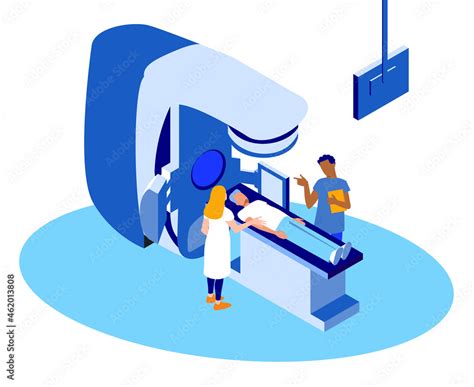 Doctors are preparing a patient to the procedure of a radiotherapy ...