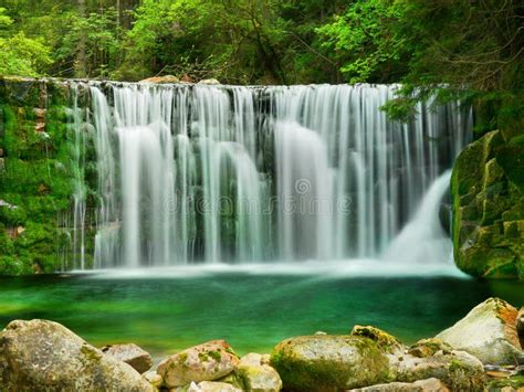 Lake Emerald Waterfalls Forest Landscape Stock Photo - Image of lake ...