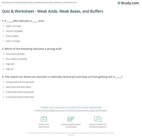 Quiz & Worksheet - Weak Acids, Weak Bases, and Buffers | Study.com