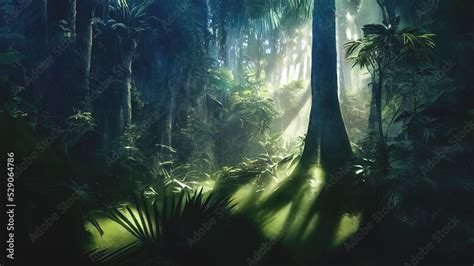 Dark rainforest, sun rays through the trees, rich jungle greenery ...