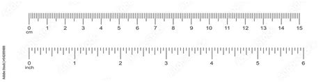 Horizontal scale with 6 inch and 15 centimeter markup and numbers. Measuring chart of metric and ...