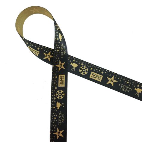 Movie Night Ribbon in black with movie themed icons on 7/8" Dijon gold single face satin ribbon ...