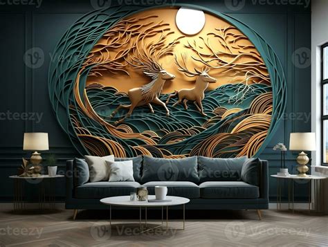 Abstract modern 3d interior mural wall art dark green and golden forest trees, deer animal ...