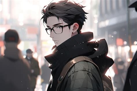 Premium Photo | Serious anime boy with dark hair wearing glasses in a ...