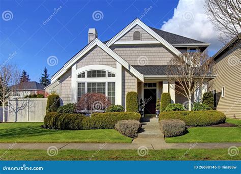 Classic New American House Exterior In The Spring. Royalty Free Stock ...