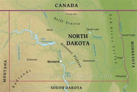 Physical map of North Dakota