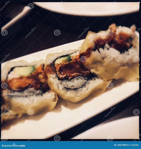 Spicy tuna sushi roll stock photo. Image of japanese - 130778814