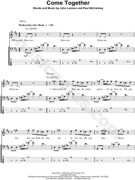 The Beatles "Come Together" Bass Tab in D Major - Download & Print ...