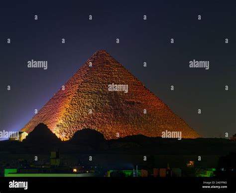 View of the Great Pyramid of Giza illuminated at night. In Cairo, Egypt Stock Photo - Alamy