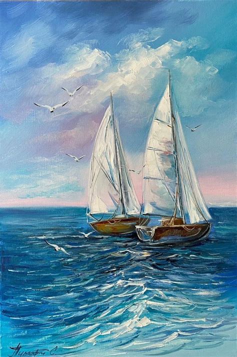 Original Sailboats Sea Oil Painting on Canvas, Blue Ocean Waves Wall ...