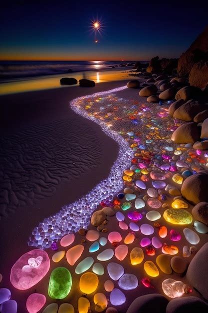 Premium AI Image | Beach at night with a rainbow of lights.