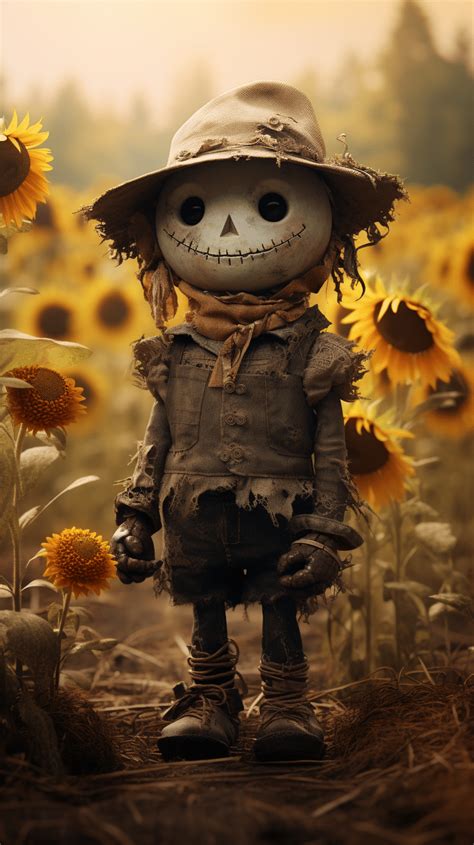 Tiny Scarecrow In Sunflower Field