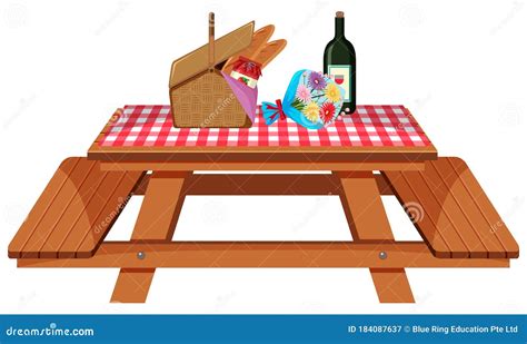 Picnic Table with Food and Flowers on White Background Stock Vector ...