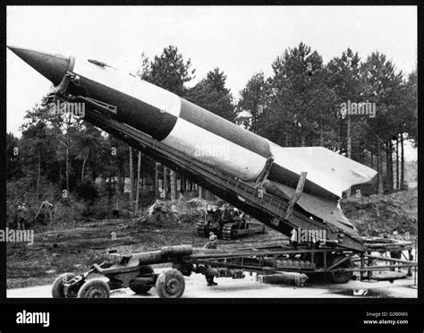 A V2 rocket on the launch pad. More elaborate than the V1, these were first fired against London ...