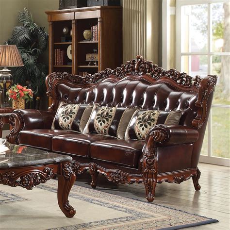 Acme Furniture Eustoma Ornately Carved Traditional Sofa with Exposed Wood Wing Back and Tufted ...