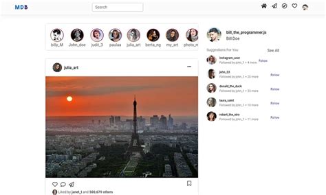 Instagram newsfeed template - Bootstrap 5 & Material Design