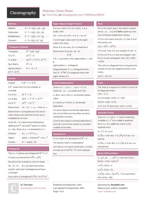 Matrices cheat sheet - Study notes of 1st year Engineering Mathematics. - Matrices Cheat Sheet ...