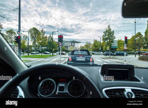 Driver view from inside car while driving Strasbourg Alsace France ...