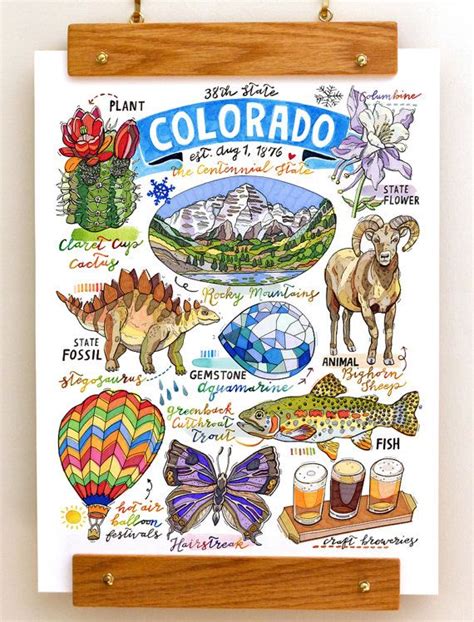 Colorado Print State Symbols Rocky Mountains the Centennial - Etsy | Travel art journal, State ...