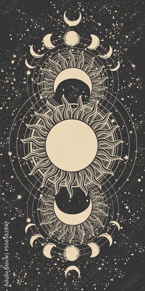 Vintage tarot background for witch, phases of the sun and moon, full moon on black night sky ...