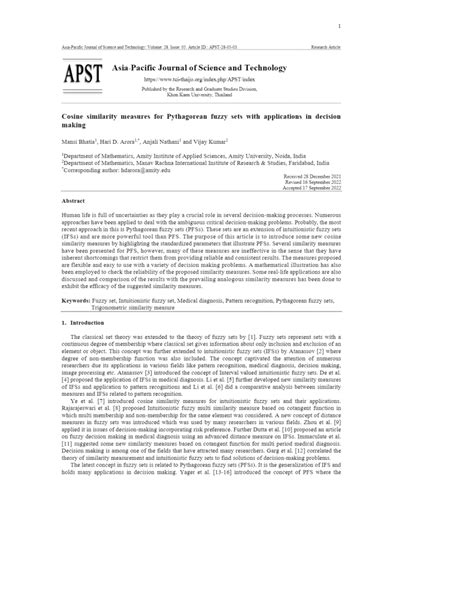 (PDF) Cosine similarity measures for Pythagorean fuzzy sets with ...