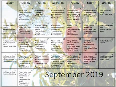 September 2019 Activity Calendar - | Senior living activities, Senior ...