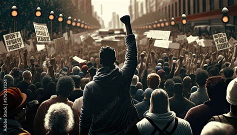 Protesting crowd people on city street with raised fist rear view, anti war national protest ...