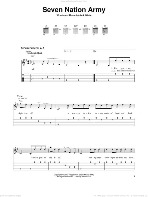 Stripes Seven Nation Army Sheet Music For Guitar Solo (easy Tablature ...