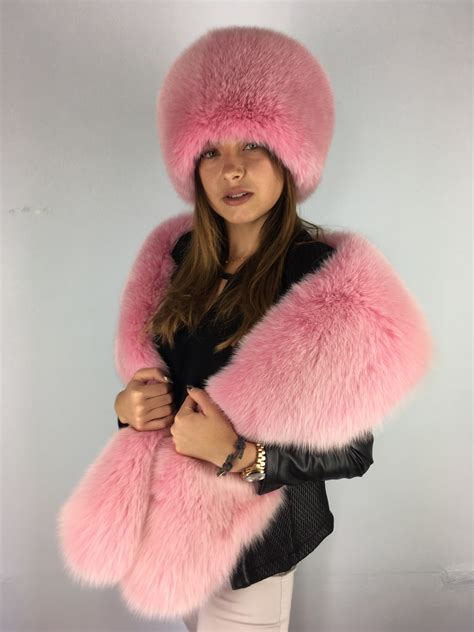 Arctic Fox Fur Boa 70' And Full Fur Hat Set Pink Color Fur Stole and ...