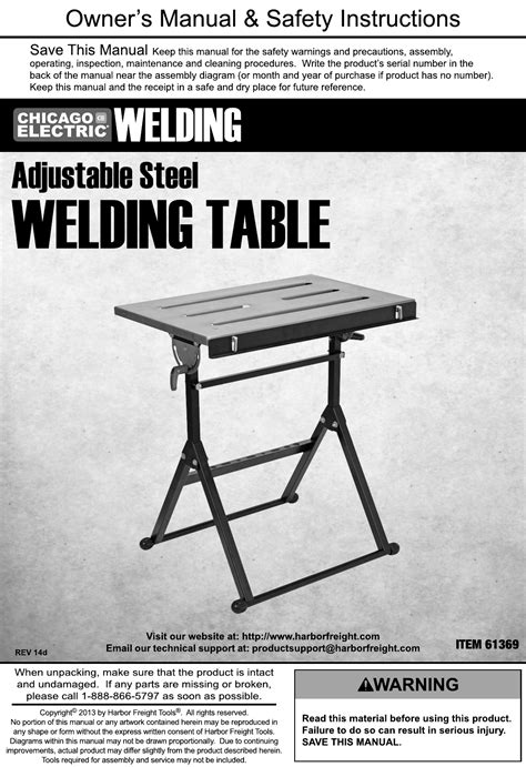 Harbor Freight Adjustable Steel Welding Table Product Manual