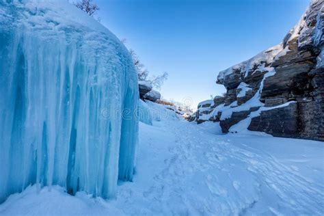 Blue Ice in Winter Canyon, Abisko National Park, Sweden Stock Photo - Image of show, forest ...