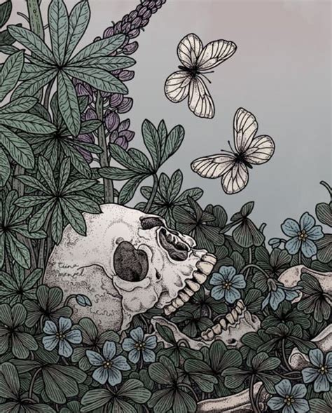 The skull which lies in the grass #skull drawing #skull and flowers #skull and bones #skull art ...