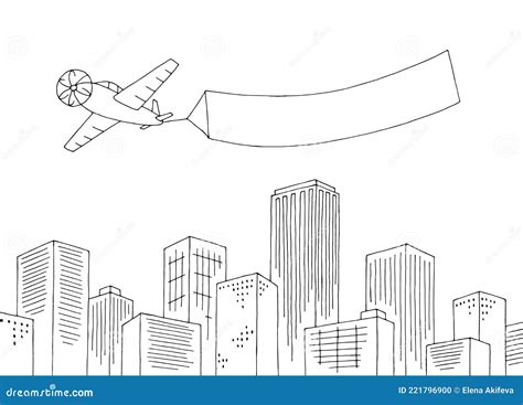 Airplane Banner Flying Over the City Graphic Black White Landscape Sketch Illustration Vector ...