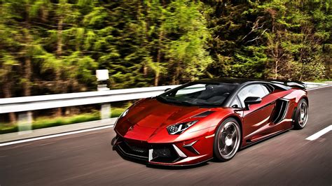 Dark red Lamborghini Aventador on the road in the woods wallpapers and ...