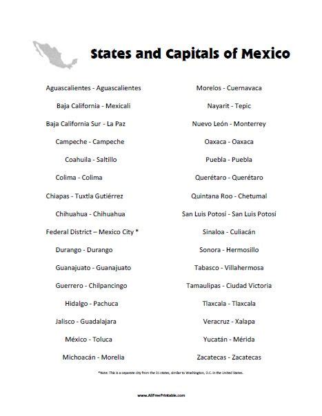 States and Capitals of Mexico List - Free Printable | States and ...