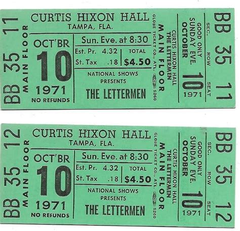 The Lettermen Concert Ticket Set of 2 1971 Tampa Green | Visible ...