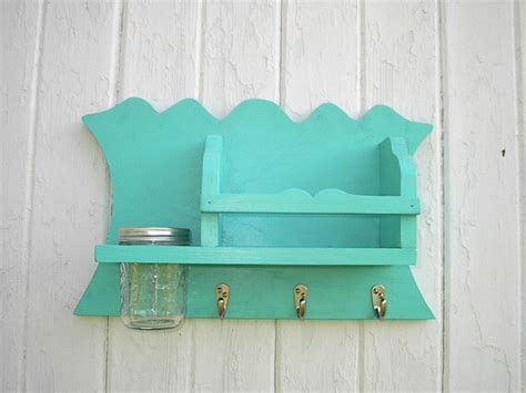 Items similar to Wall Shelf Hooks Vase Jar Brilliant Aqua Wood Shabby Chic on Etsy