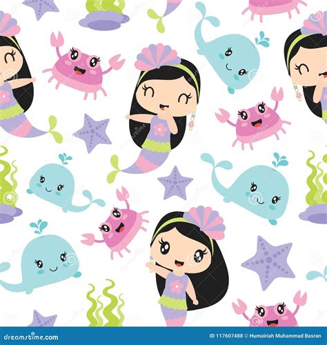 Cute Mermaid Girl and Sea Elements Vector Cartoon Illustration for Kid ...