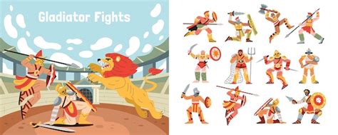 Free Vector | Gladiator fights set of flat compositions with ancient ...