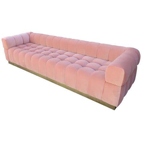 Custom Tufted Pink Velvet Sofa with Brass Base For Sale at 1stdibs