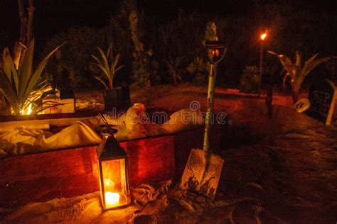 Scary Coffin with Corpse and Shovel Decoration at the Beach during Halloween Stock Image - Image ...