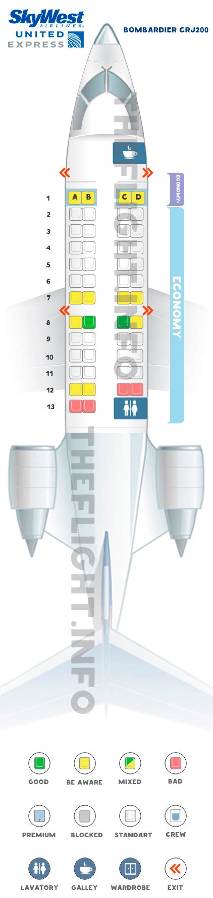 Seat map Bombardier CRJ-200 "SkyWest". Best seats in the plane