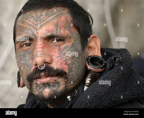 Young Mexican Man With Mayan Folk-art Facial Tattoos, Lip Piercings, Septum Piercing And Gauged ...