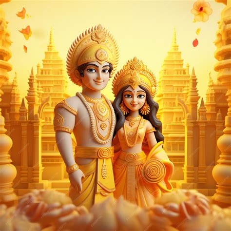 Premium AI Image | 3D Lord Ram and Sita with Temple Backdrop