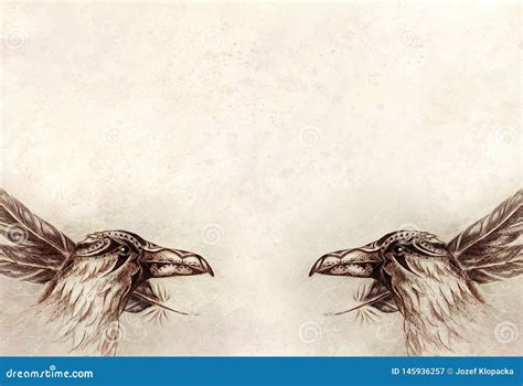 Ornamental Raven Drawing with Feathers on Paper. Stock Illustration - Illustration of head ...